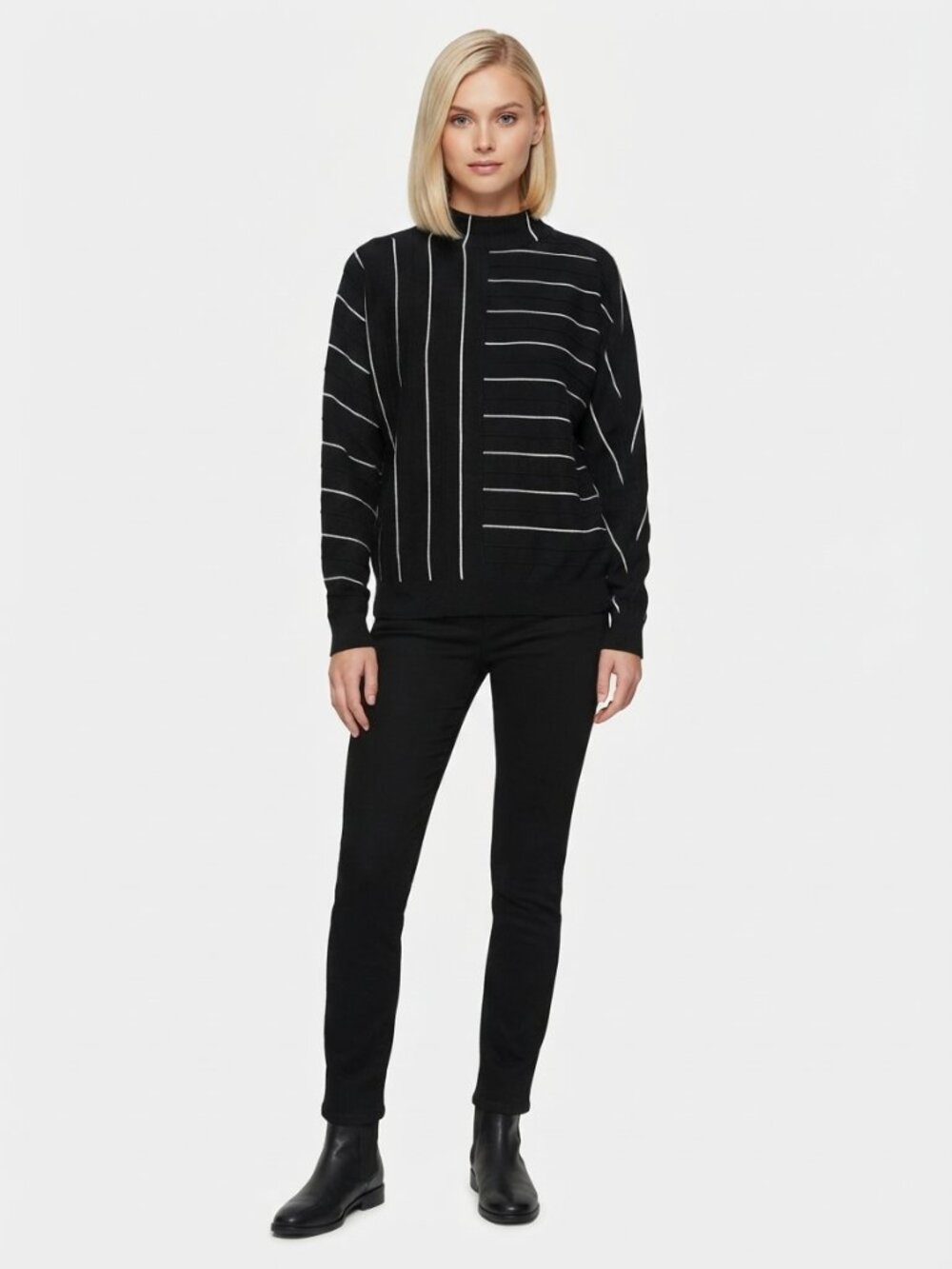 TAHARI Petite Mix Stripe Mock Neck Blouson Sweater Black Small #A4510
